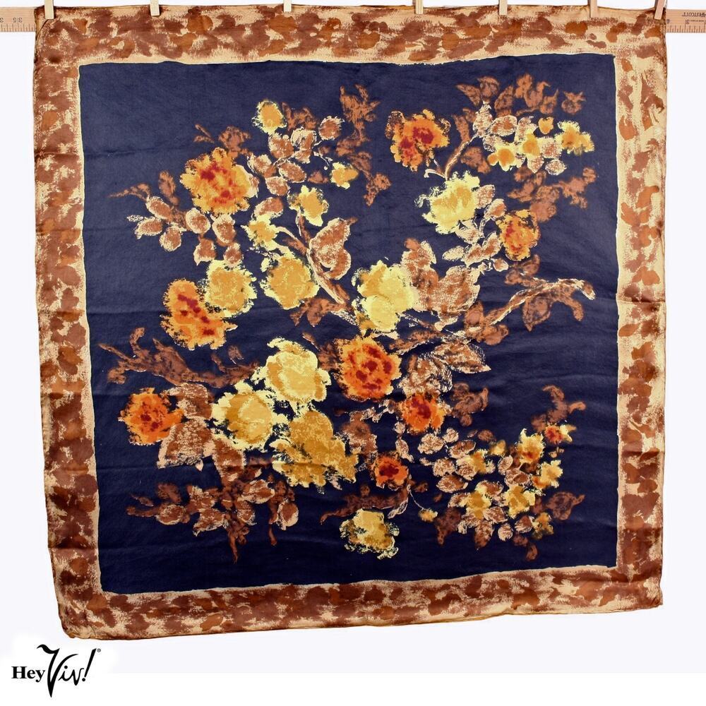 Vintage Rayon Floral Scarf Navy Brown Gold Made in Japan 1970s 30x30 - Hey Viv